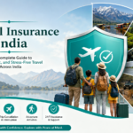 Travel Insurance India guide with family travelers, insurance shield, mountains, beaches, wildlife safari, Kerala backwaters, and adventure destinations
