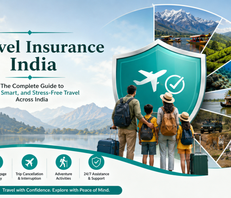 Travel Insurance India guide with family travelers, insurance shield, mountains, beaches, wildlife safari, Kerala backwaters, and adventure destinations