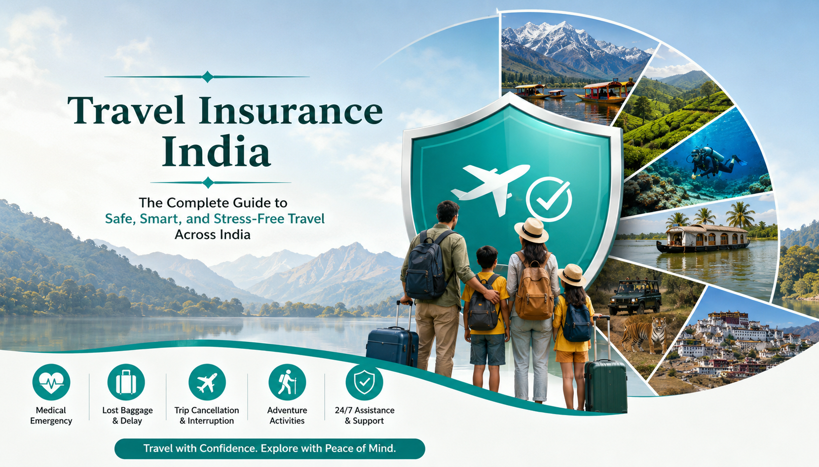 Travel Insurance India guide with family travelers, insurance shield, mountains, beaches, wildlife safari, Kerala backwaters, and adventure destinations