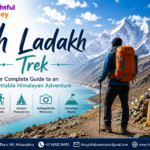 Leh Ladakh Trek feature image with Himalayan mountains, backpacker, prayer flags, and Thoughtful Journey travel logo