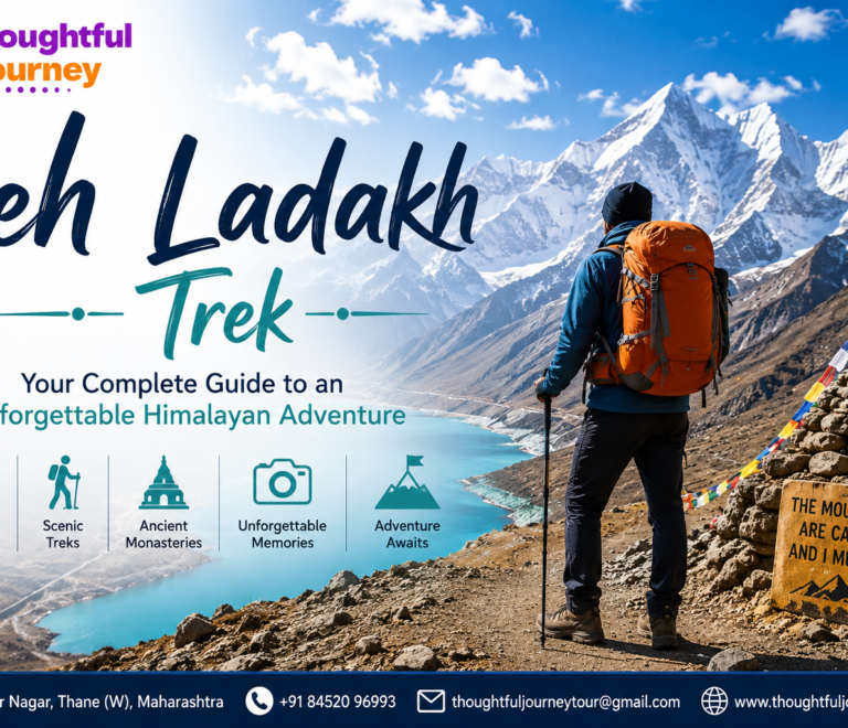 Leh Ladakh Trek feature image with Himalayan mountains, backpacker, prayer flags, and Thoughtful Journey travel logo