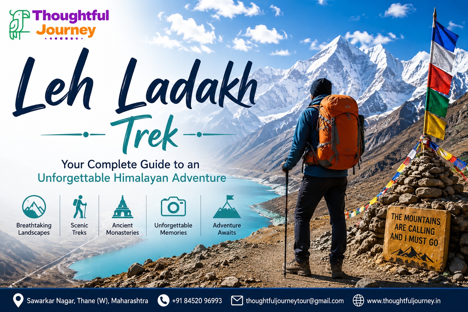Leh Ladakh Trek feature image with Himalayan mountains, backpacker, prayer flags, and Thoughtful Journey travel logo