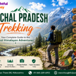 Himachal Pradesh Trekking feature image with Himalayan mountains, backpacker, scenic trekking trail, and Thoughtful Journey logo
