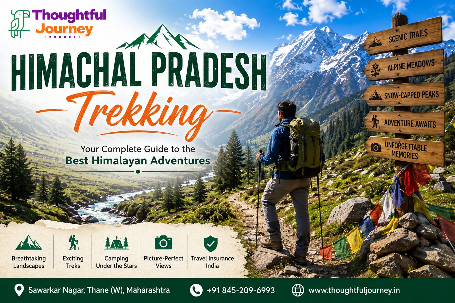 Himachal Pradesh Trekking feature image with Himalayan mountains, backpacker, scenic trekking trail, and Thoughtful Journey logo