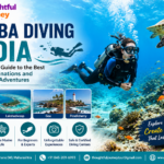 Scuba Diving India feature image with scuba diver exploring vibrant coral reefs, sea turtle, tropical marine life, and Thoughtful Journey logo