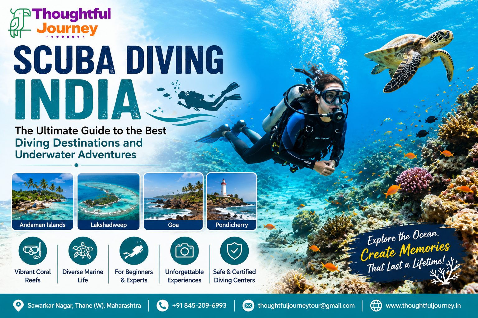 Scuba Diving India feature image with scuba diver exploring vibrant coral reefs, sea turtle, tropical marine life, and Thoughtful Journey logo